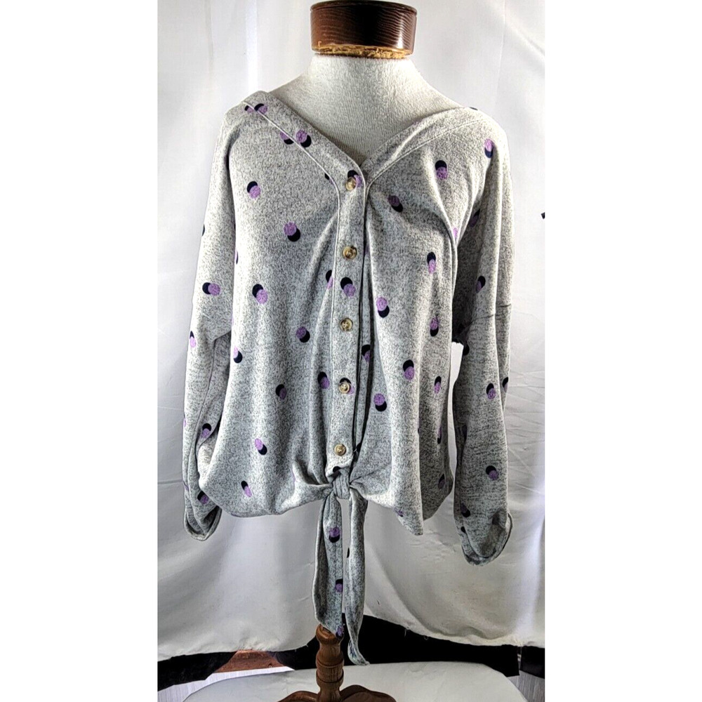 Perch By Blu-Pepper Womens 1X Gray Polka Dot Button Up Crop Tie Bottom Sweater